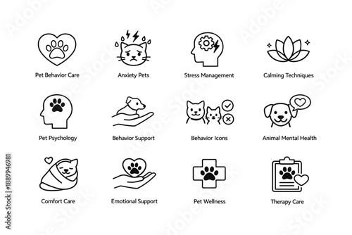 Pet behavior icons: emotional support and wellness care for animals