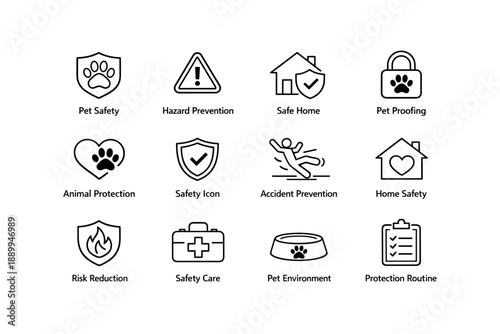 Pet safety and home protection icons for hazard prevention and risk reduction
