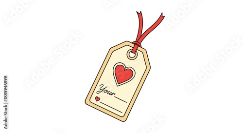 Personalized gift tag with a red heart and the word your written on it attached to a ribbon for special presents.