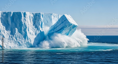 Large iceberg breaking off from glacier into the ocean.