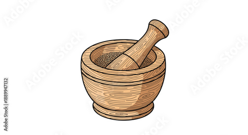 Traditional wooden mortar and pestle for grinding herbs and spices shown in a detailed textured line drawing.