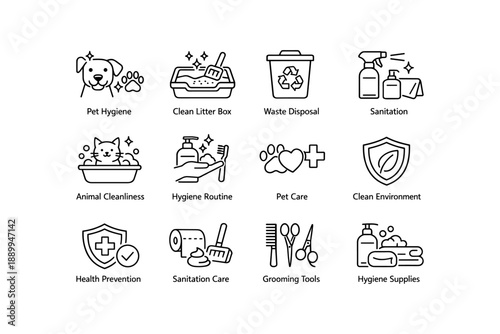Pet hygiene and care icons: animal cleanliness, sanitation, health prevention, grooming tools