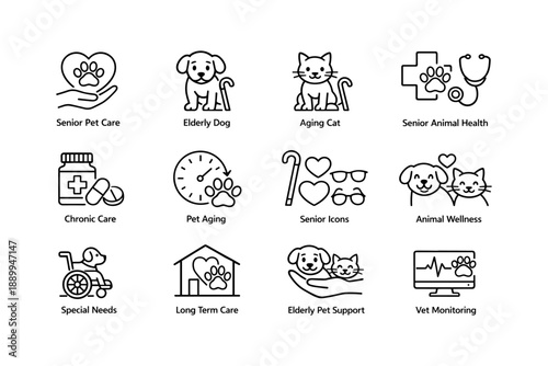 Senior pet care icons for elderly animals and chronic health support