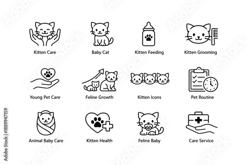 Kitten care icons: feeding, grooming, and health symbols