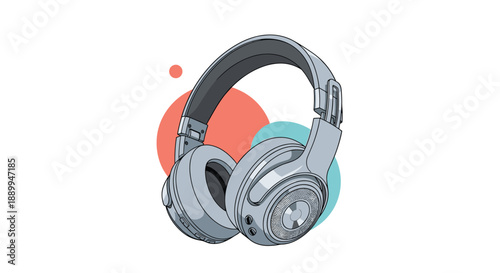 Over-ear wireless headphones illustrated with colorful geometric circles in the background for a modern musical and tech vibe.