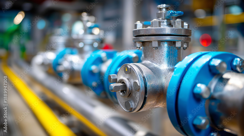 Fototapeta premium Close-up view of industrial valves and pipes, utility manufacturing facility, monitoring equipment, flow control system, defocused infrastructure, with copy space