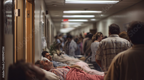 Overcrowded hospital hallway with patients lying on gurneys