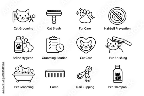 Cat grooming essentials: brushes, fur care, hygiene, and hairball prevention icons