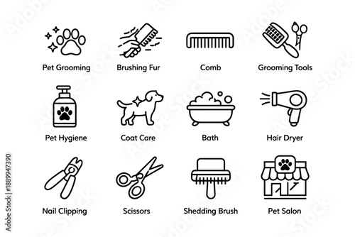 Pet grooming icons: tools, hygiene, and care essentials