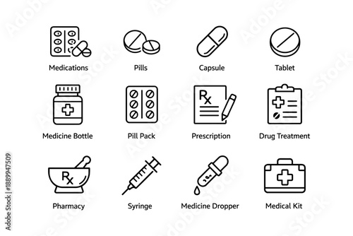 Medication and healthcare icons: pills, capsules, prescription, syringe, medical kit