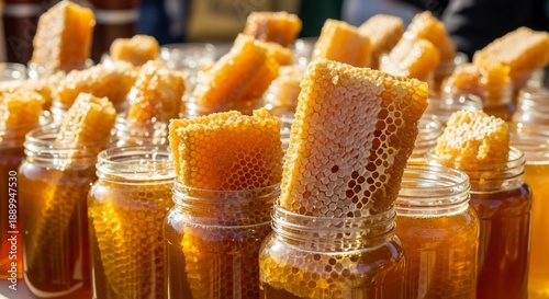 Honey jars with honeycombs at a market stall.