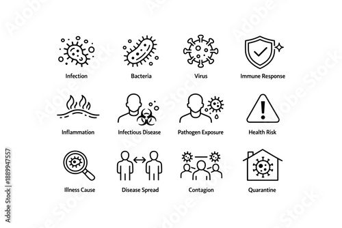 Healthcare icons: infection, virus, immune response, quarantine, disease spread