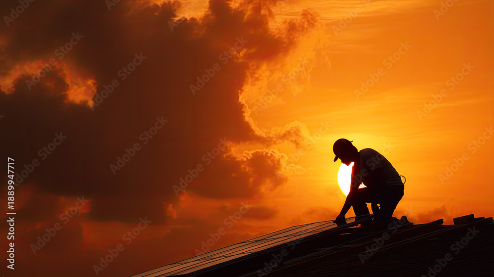 Obraz premium Man repairing solar panel on roof during a dramatic sunset