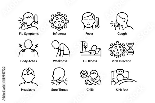 Flu symptoms and illness icons: fever, cough, body aches, and more