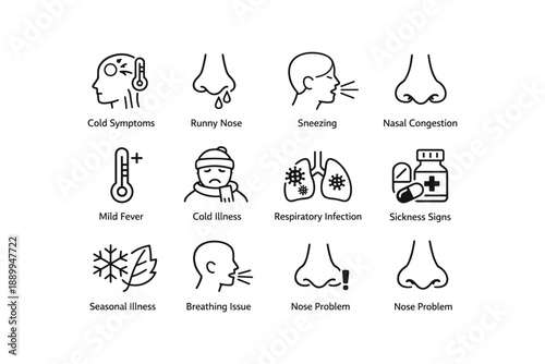 Cold symptoms icons: runny nose, sneezing, fever, respiratory issues