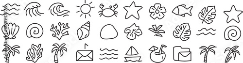 hand drawn summer beach outline icons set vector illustration design collection art image