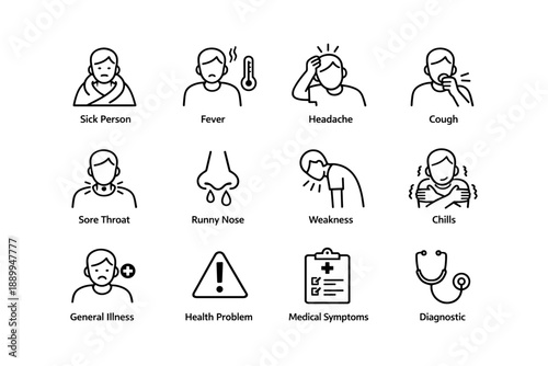 Medical symptoms icons: fever, headache, cough, sore throat, runny nose, weakness, chills