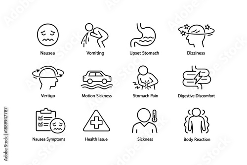 Line icons depicting nausea, vomiting, upset stomach, and dizziness symptoms