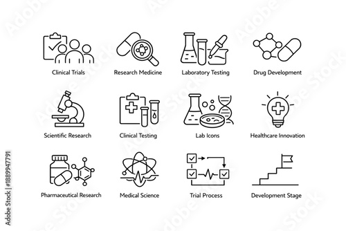 Scientific research and healthcare innovation icon set for medical and pharmaceutical development