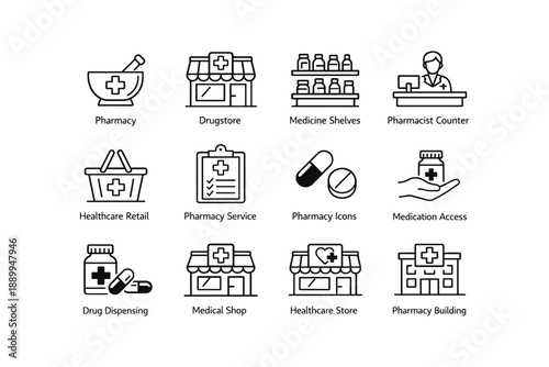 Pharmacy services and medical access icons featuring drugstore and healthcare elements