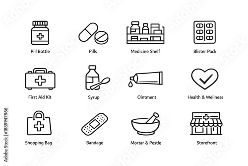 Essential pharmacy items: pill bottle, first aid kit, syrup, ointment, blister pack