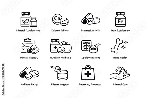 Health and nutrition icon set: mineral supplements, vitamin pills, therapy, and wellness products