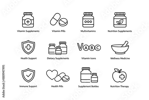 Health and wellness icons: vitamin supplements, pills, and nutrition therapy graphics