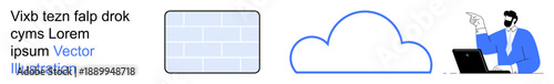 Cloud computing, technology interface, data storage, digital security, remote access, collaborative tools. Three elements including cloud symbol, block grid person pointing. Cloud computing
