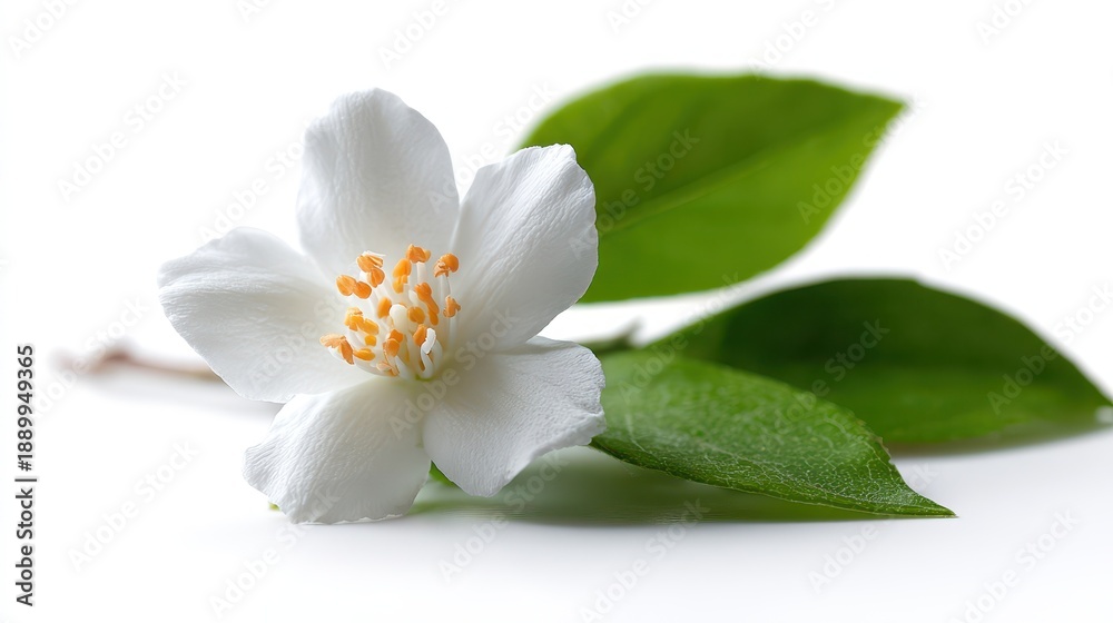 Obraz premium Isolated jasmine blossom with green leaves on a clean white background