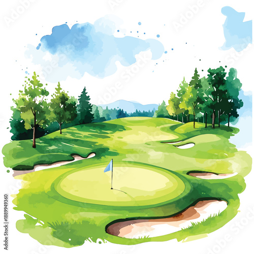 Lush Green Golf Course with Bunkers and Blue Sky Watercolor illutrastion transparent background