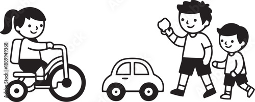 Black and white cartoon children playing with a tricycle and toy car girl