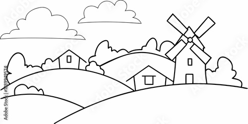 Simple line drawing of a rural landscape with a windmill and houses