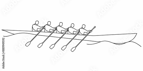 A minimalist line drawing depicts a rowing team in a boat