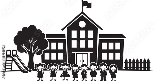 Black and white of happy children standing in front of a school building with a slide and tree kids education