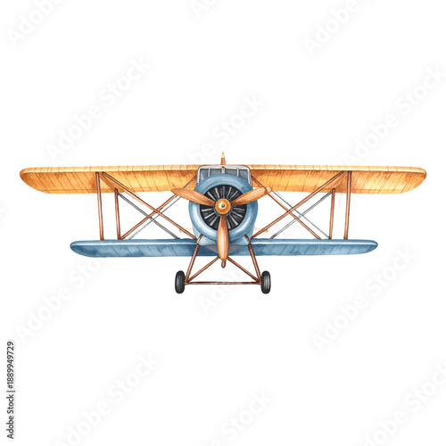 Vintage biplane aircraft with yellow wings and blue fuselage front illutrastion transparent background
