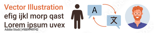Language learning, communication, translation services, global interaction, interpretation, multilingual skills. Person connecting language symbols. Communication and translation services concept