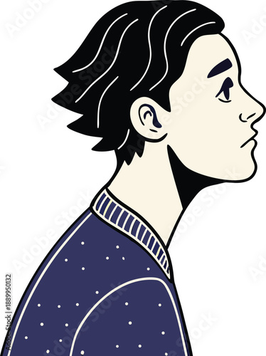 Illustration of a young man in a blue sweater with white dots, side profile, isolated on white background