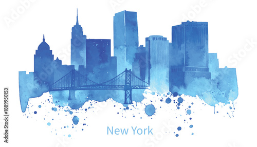 Watercolor silhouette of the New York City skyline with a bridge illutrastion transparent background