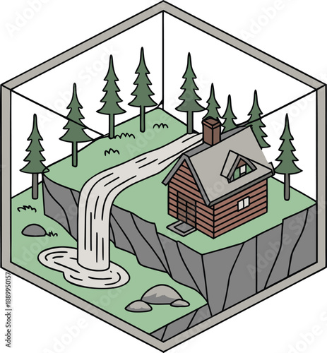 Isometric cabin in the woods with waterfall icon, isolated on transparent background.