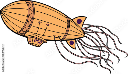 Vintage steampunk airship blimp with tentacles isolated on transparent background