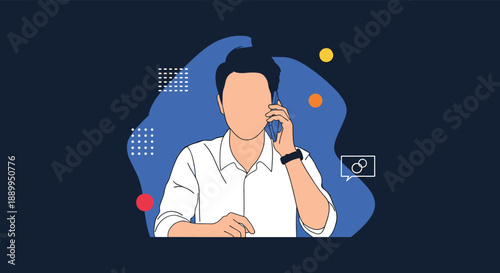 Portrait of a professional man in a white shirt talking on his mobile phone against a decorative blue background with abstract shapes.