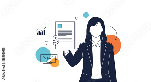 Professional woman in a dark suit holds up a resume or business document for review against a background of icons for charts and mail.