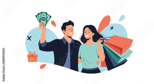 Happy young couple celebrates their shopping success by holding several colorful bags and a handful of cash bills with cheerful smiles.