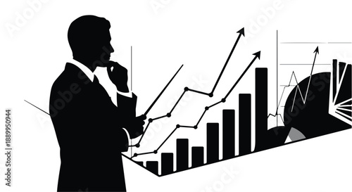 Businessman analyzing financial data and statistics with graphs and charts in office setting, thinking and planning strategy