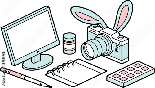 Creative professional workspace with camera and computer for photography and design