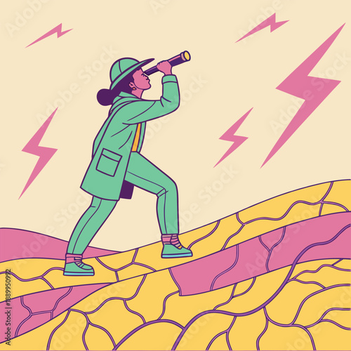 Businesswoman in green suit looking ahead with binoculars on rocky terrain