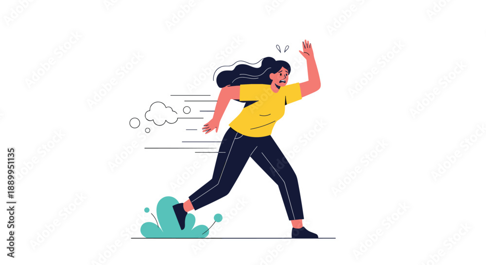 Fototapeta premium Energetic young woman in a yellow shirt runs quickly as if she is late for an important appointment or meeting.