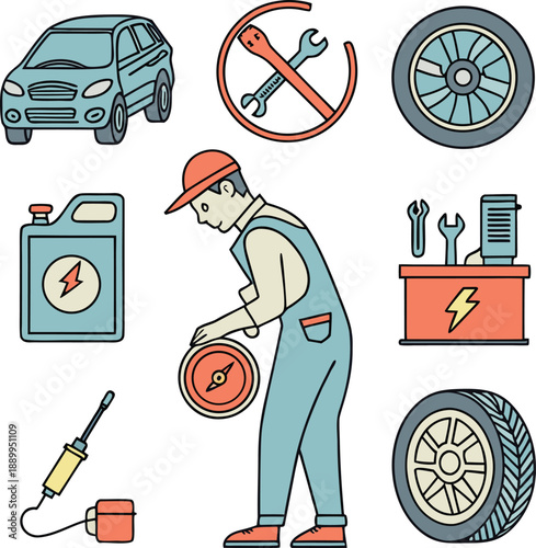Car maintenance flat icon collection. Includes car, tire, tools, oil, mechanic, and repair symbols. Created in colorful style with orange and blue palette