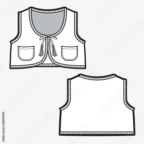 Kids waistcoat vector design mockup template technical flat sketch.