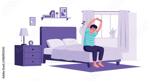 Young man sits on the edge of his bed and stretches his arms while waking up in a tidy purple-toned bedroom.